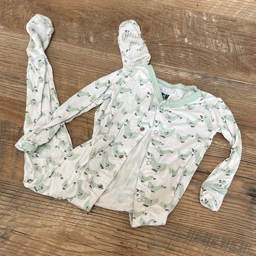 Green and White Bird Print Baby Onesie